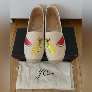 BNIB J Crew Canvas Espadrilles in Embroidered Fruits in 7 Linen; like Soludos